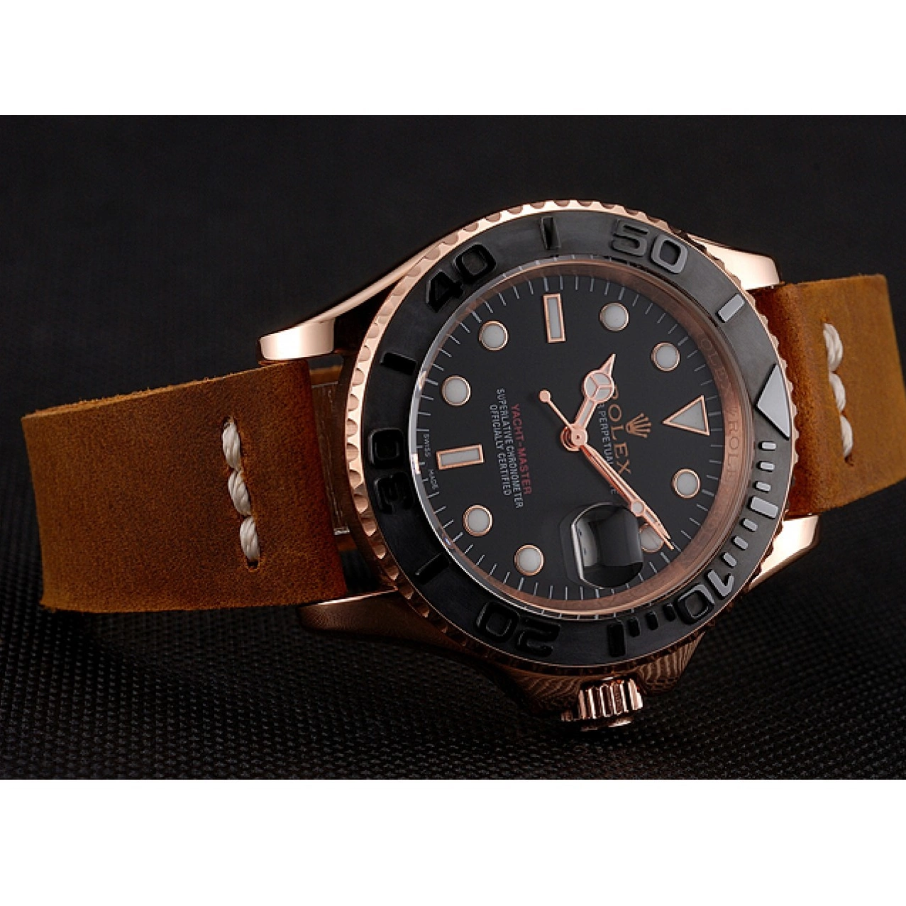 Aaa replica watch Bracelet Master Gold Brown 1453861 Case Dial Rose Leather Rolex Black Yacht 0602